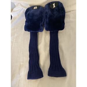 Lot 2 Vtg Golf Club Head Covers Fuzzy Royal Blue Plush Barrel Knit Socks #1 5